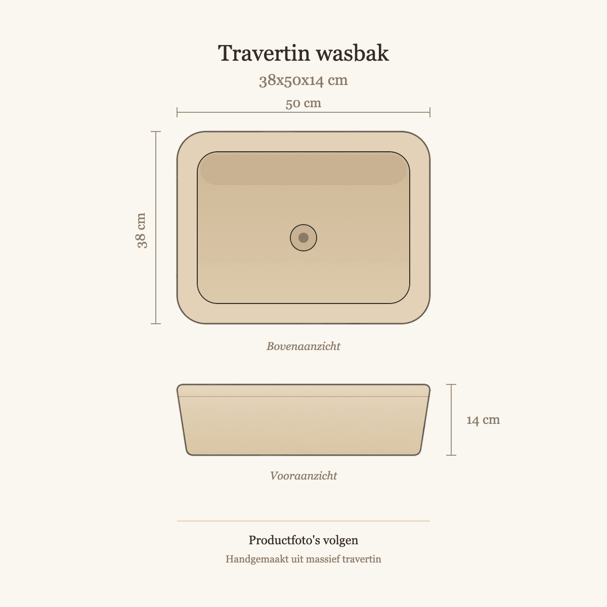 Technische tekening van de travertin wasbak 38x50x14 cm, met bovenaanzicht, vooraanzicht en maatvoering